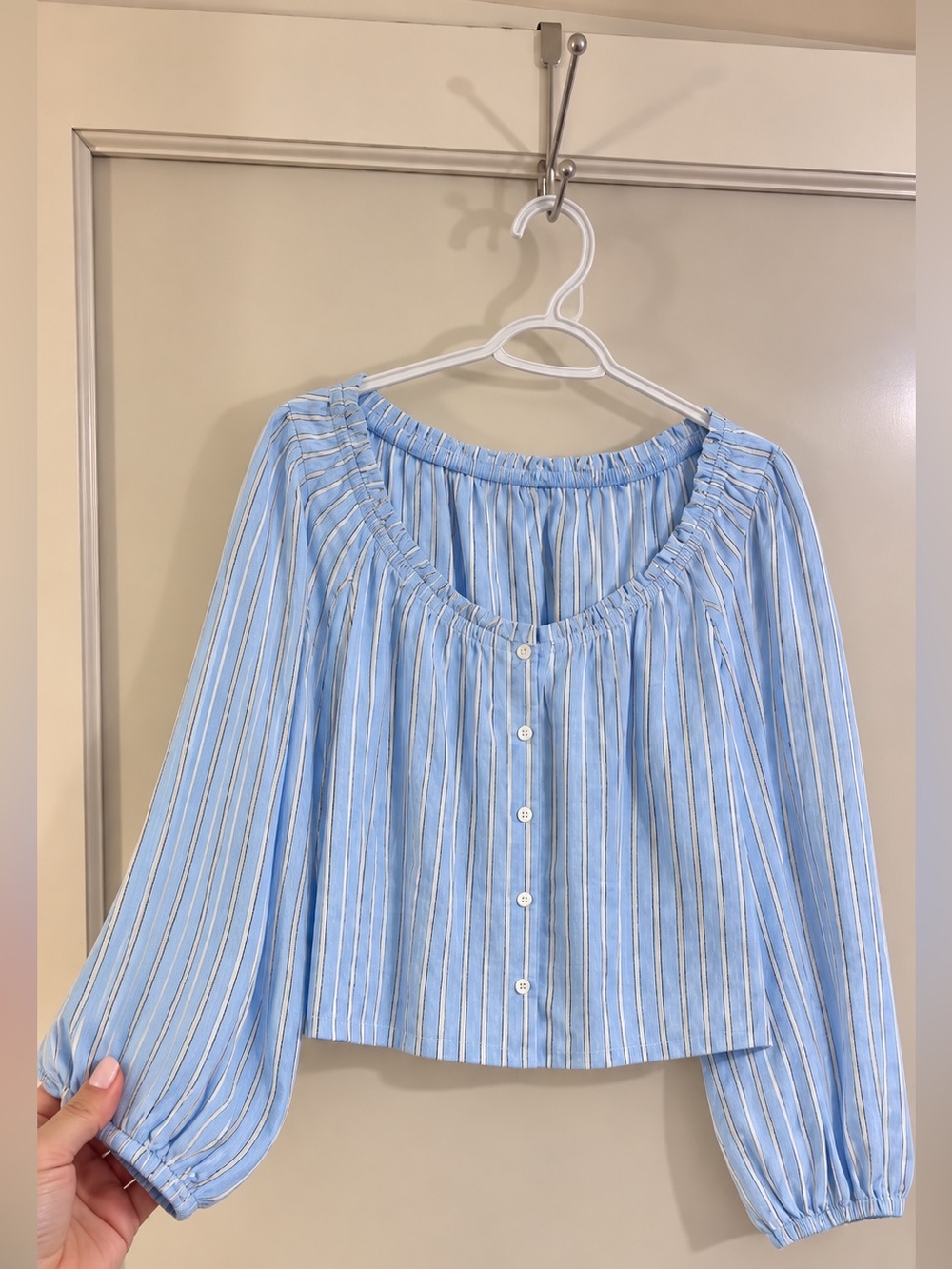 Baby Blue Stripe Button-Front Blouse Women Top XL